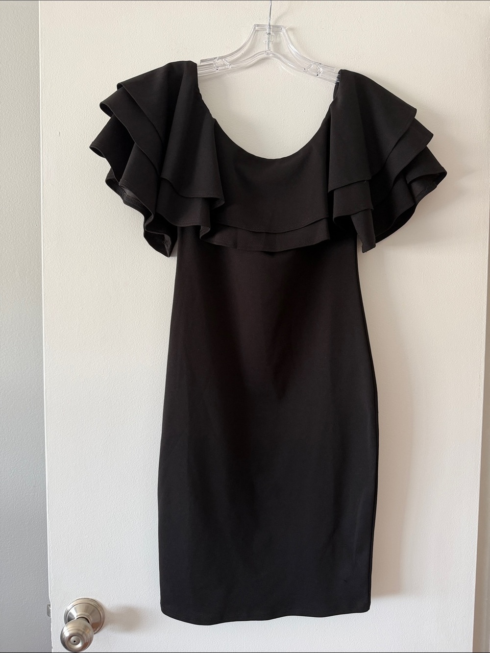 PinkBlush Maternity Black Ruffle Off The Shoulder Bodycon Dress Size Small LBD